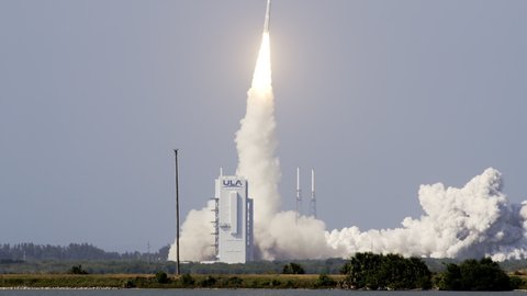 CAPE CANAVERAL, FL March 2020 - Atlas V Rocket lifts off from launch pad 41 at Kennedy Space Center to deliver a U.S. Air Force communications satellite to orbit in space for NASA.
