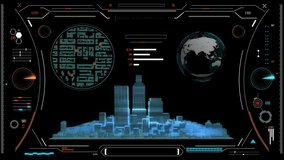 Futuristic urban navigation user interface with city HUD and infographic elements. Virtual digital technology background. Head-up display template for business, games, motion design, web and app. - Powered by Shutterstock - Get 15% off with code: PIKWIZARD15