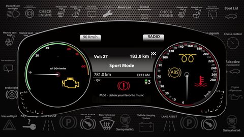 Service diagnosis check concept.4k animated footage-Car instrument cluster with check engine light, abs, coil,water temperature,stop light flashing. DTC error. Gauges changing-speed and acceleration.