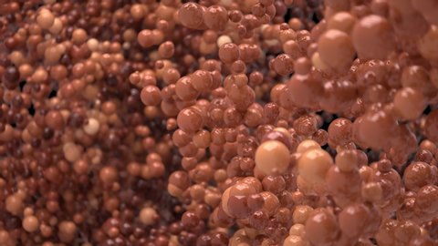 Aerated milk chocolate cocoa Bubble Burst - foaming balls balloons explosion. Brown foam spheres in slow motion macro isolated on black. Alpha matte 60 fps 4k