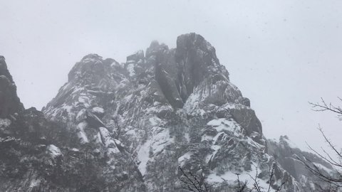 Rare snowing in HuangShan Unesco World Heritage site in Anhui China, heavy snowfall in Yellow Mountain scenic park in winter