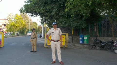 Dehradun, Uttarakhand/India- April 8 2020: Covid-19 lockdown India. India Shutdown against Coronavirus (COVID-19). Empty roads, police on work, markets closed. Stay Home Stay Safe