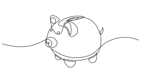 Self drawing of one continuous line ceramic pig bank. Minimal simple style animation