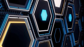 Technological pattern with many geometric hexagon frames of blue and yellow colors on black background, seamless loop. Animation. Close up of futuristic surface with hexagons. - Powered by Shutterstock - Get 15% off with code: PIKWIZARD15