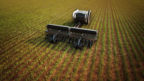 Autonomous tillage harvester tractor in farm field, 4th industrial revolution for future agriculture. 4k animation.