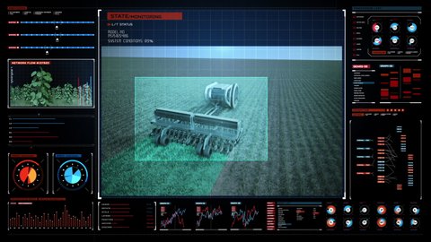 Autonomous tillage harvester tractor in futuristic user interface , 4th industrial revolution for future agriculture. 4k animation. 2.