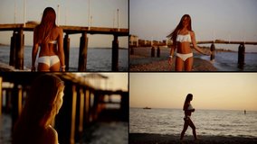a collage of four videos. portrait of a young woman against the background of the bridge pillars at sunset, she walks along the seashore, approaches the pier and smiles