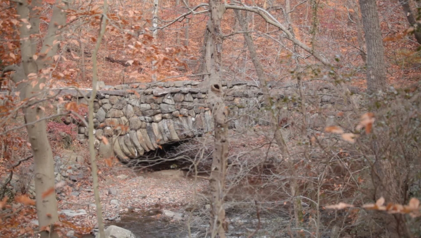 A Bicyclist crosses Boulder Bridge - wide shot from upstream  - Rock Creek Park - Washington, DC - Autumn