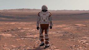 Astronaut wearing space suit walking on the surface of mars. Exploring mission to mars. Futuristic colonization and space exploration concept. 3d rendering. Elements of this video furnished by NASA.