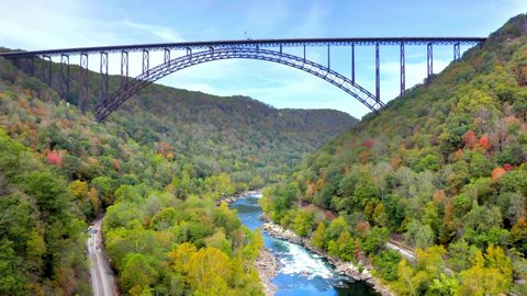 Aerial Drone View, New River Gorge Bridge with Base Jumpers, Parachutes