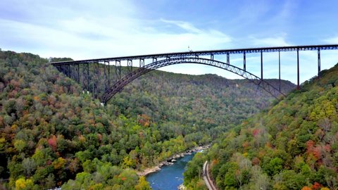 Aerial Drone View, New River Gorge Bridge with Base Jumpers, Parachutes