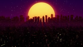 Retro futuristic sci-fi night city seamless loop. 80s synthwave VJ motion background with neon lights, sun and stars. 4K stylized vintage vaporwave landscape 3D animation for videogame and music video
