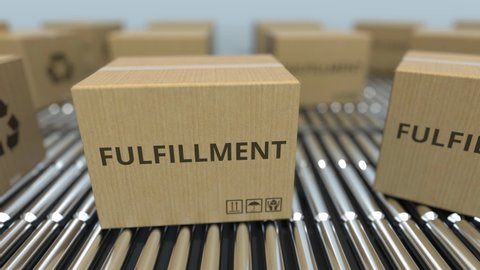 Cardboard boxes with FULFILLMENT text move on industrial roller conveyors. Online store logistics related loopable 3D animation