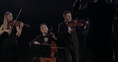 Rear of male elegant conductor controlling band. Quartet of classical male and female musicians performing their music on dark stage in spotlight. Orchestra playing on violins and cello. Back view.