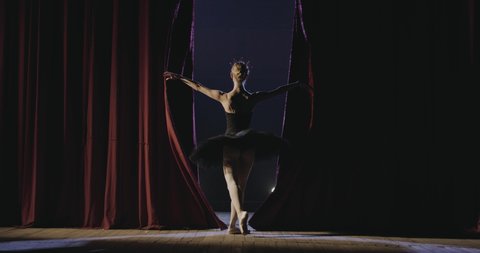 Rear of Caucasian professional ballerina in black tutu walking out on stage from curtains in darkness and greeting the audience with pas. Back view on female dancer of classical ballet coming for bow.