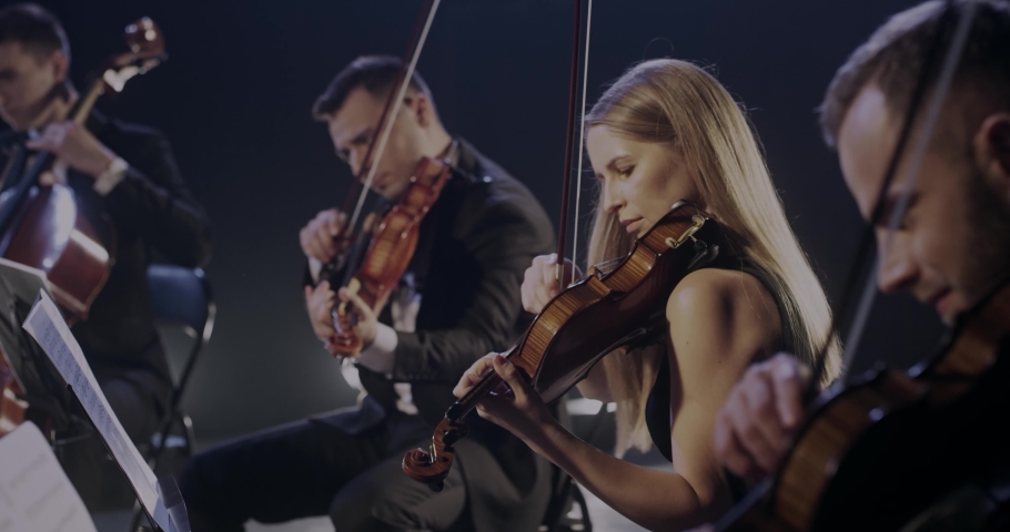 Profession symphony orchestra playing on violins and cello at concert. Male and female musicians play on stage in theater. Classical art concept. Royalty-Free Stock Footage #1050192829