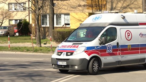 Silesia, Poland, April 2 2020: Coronavirus outbreak, Paramedic staff of the Polish Ambulance Service, testing centre after the rush. Infectious disease hospital. Covid-19 epidemic in Europe.