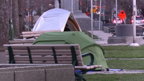 Toronto, Ontario, Canada April 2020 Homeless people sleep in tents on street during COVID 19 in Toronto