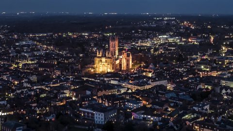 Aerial Bird Eye View Shot of Historic Canterbury, Kent, United Kingdom, UNESCO World Heritage Site at early night evening