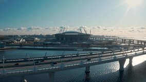 St. Petersburg, aerial video shooting Gazprom Arena, Neva and WHSD