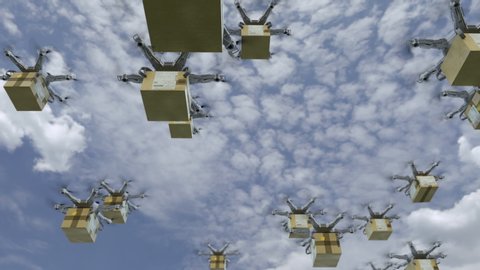 Drones deliver packages. Close up of multiple UAV aerial drones flying on blue sky carrying food, medicine and clothes.