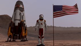 Colony on Mars. Astronaut saluting the American flag. Exploring Mission To Mars. Futuristic Colonization and Space Exploration Concept. 3d rendering. Elements of this video furnished by NASA.
