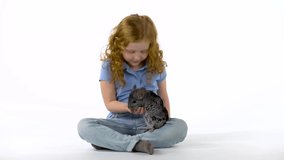 Redheaded little girl with curly hair is gently holding grey chinchilla at white background. Slow motion.