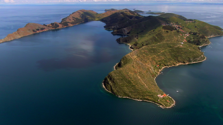 Aerial view of Sun Island (Spanish: Isla del Sol ) on Lake Titicaca, the highest navigable lake in the world, on the border of Peru and Bolivia, South America.