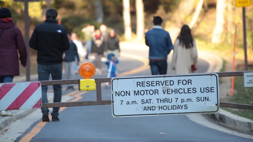 Pedestrians walk on Beach Drive on a Saturday when the road is closed to cars   - Rock Creek Park - Washington, DC - Autumn