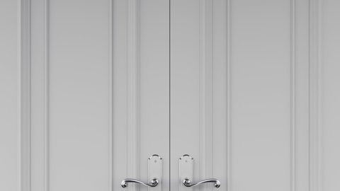 White classic design door opening to white background, alpha matte. Z Depth channel. Animation.