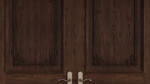 Wood classic design door opening to white background, alpha matte. Z Depth channel. Animation.