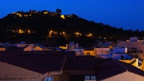 Malaga, Spain. Aerial view of the city center at sunrise with colorful clear sky in Malaga, Spain. City skyline with popular landmarks. Time-lapse at sunrise, panning video