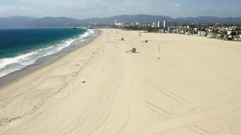 Pandemic COVID19 In Los Angeles. Self isolation and social distancing. Empty Santa Monica Beach, CA, USA, 04.01.2020