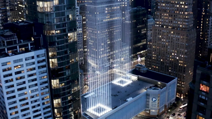 New York City / United States    8.2.2019                                Aerial video of The National September 11 Memorial & Museum   , taken by Drone Camera from above in the night time   