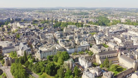 Dolly zoom. Luxembourg, Historical city center in the morning. Pont Rouge, Aerial View, Departure of the camera