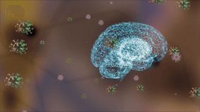 Disease spreadig on brain. 3d animation of brain surrounded with viruses floating isolated on blurred background.