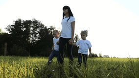 happy family teamwork mother, little brother and sister walk in the park nature holding hands slow motion video concept. mom, kids boy and girl daughter and son hold hands lifestyle go on green grass