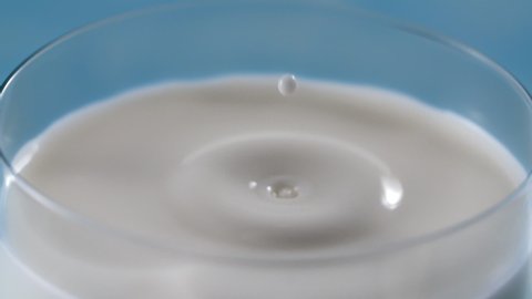 The drop of milk drips to the full glass in slow motion, macro shot of liquid in slow motion, tabletop video, dropping milk, Full HD 240 fps Prores HQ 10 bit