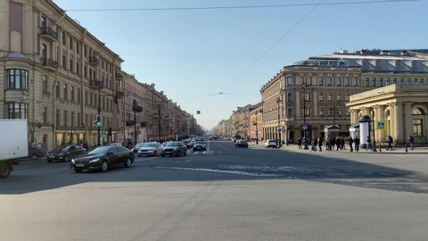 Saint-petersburg, Russia - 7 April 2020: Heavy traffic on Nevsky Prospekt. Cars and public transport continue to move in the city center, despite the self-isolation regime in the country due to the co