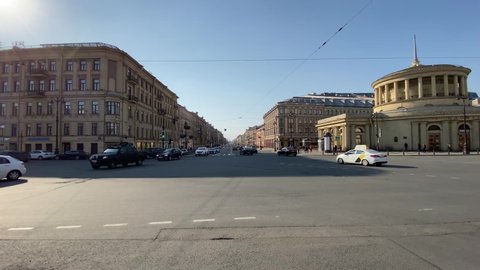 Saint-petersburg, Russia - 7 April 2020: Heavy traffic on Nevsky Prospekt. Cars and public transport continue to move in the city center, despite the self-isolation regime in the country due to the co