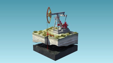 Oil pump jack at a drill site in a desert with oil barrels and refinery tanks on a floating island. Loopable 4K 3D render with mask/matte. Perfect for explainer or infographic.
