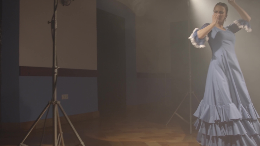 elegant woman dancing flamenco with a blue dress