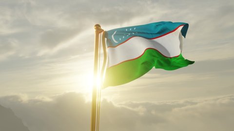 Flag of Uzbekistan Waving in the wind, Sky and Sun Background, Slow Motion, Realistic Animation, 4K UHD 60 FPS Slow-Motion
