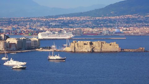Naples bay with castle and cruise ship