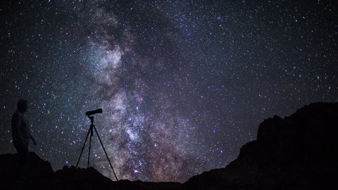 Male Photographer Taking Pictures And Watching Night Starry Sky In Mountains
