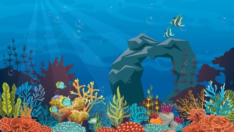 Cartoon underwater water animation with fish. 4k loop animation.