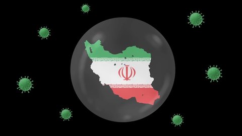 Iran map inside with flag in crystal ball protect from corona or covid-19 virus, lock down Iran, virus protection concept on white, black, green screen