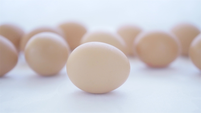 egg is being taken from table full of blurred eggs white background front view Royalty-Free Stock Footage #1050299869