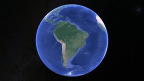 Seamless 4k video loop of day to night time lapse over South America with illuminated city lights. 3D-rendering animation of rotating planet earth seen from space.
