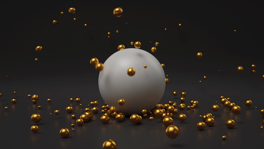 3d render, heavy white sphere falls down, small golden balls jumping, bouncing, over black background. Simple geometric shapes. Gravity concept